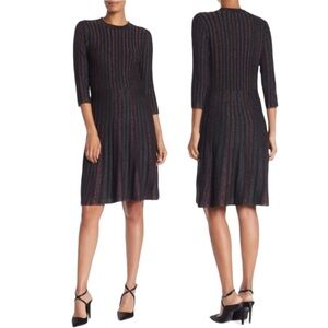 🌻NEW Nanette Lepore Fit & Flare Pleated Metallic Stripe Knit Sweater Dress sz L